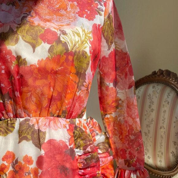 Vintage 1960s Small Floral Full Length Sheer Gown with Ruffle Detail - 60s Pink - Picture 10 of 11